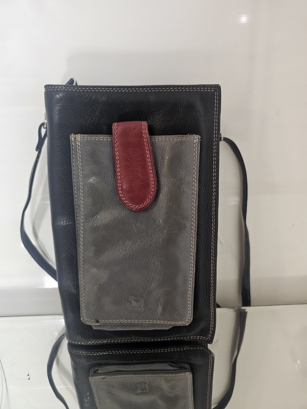 Men's Black Leather Belt Bag with Gray Front Pocket and Red Tab